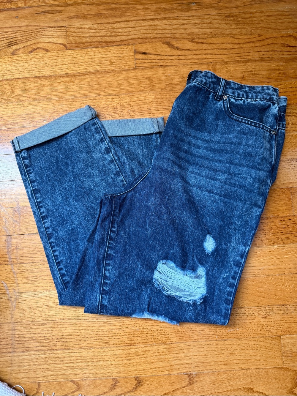 Parisian UK Ripped Dark Blue Acid Wash Cropped Boyfriend Jeans size 10 US 14 UK